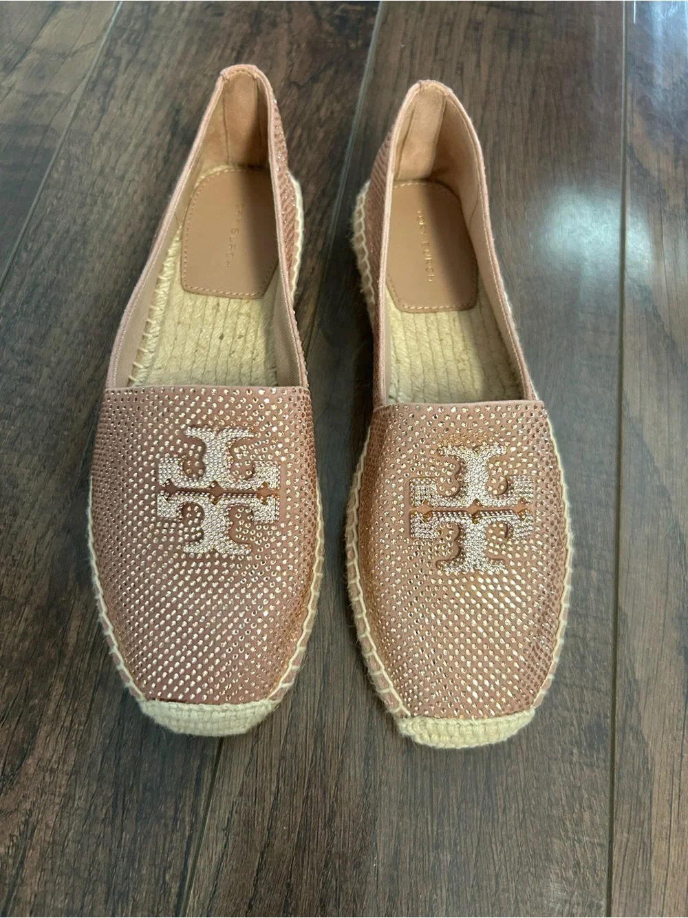 Tory Burch Blush Pink Crystal Logo Espadrille Flats